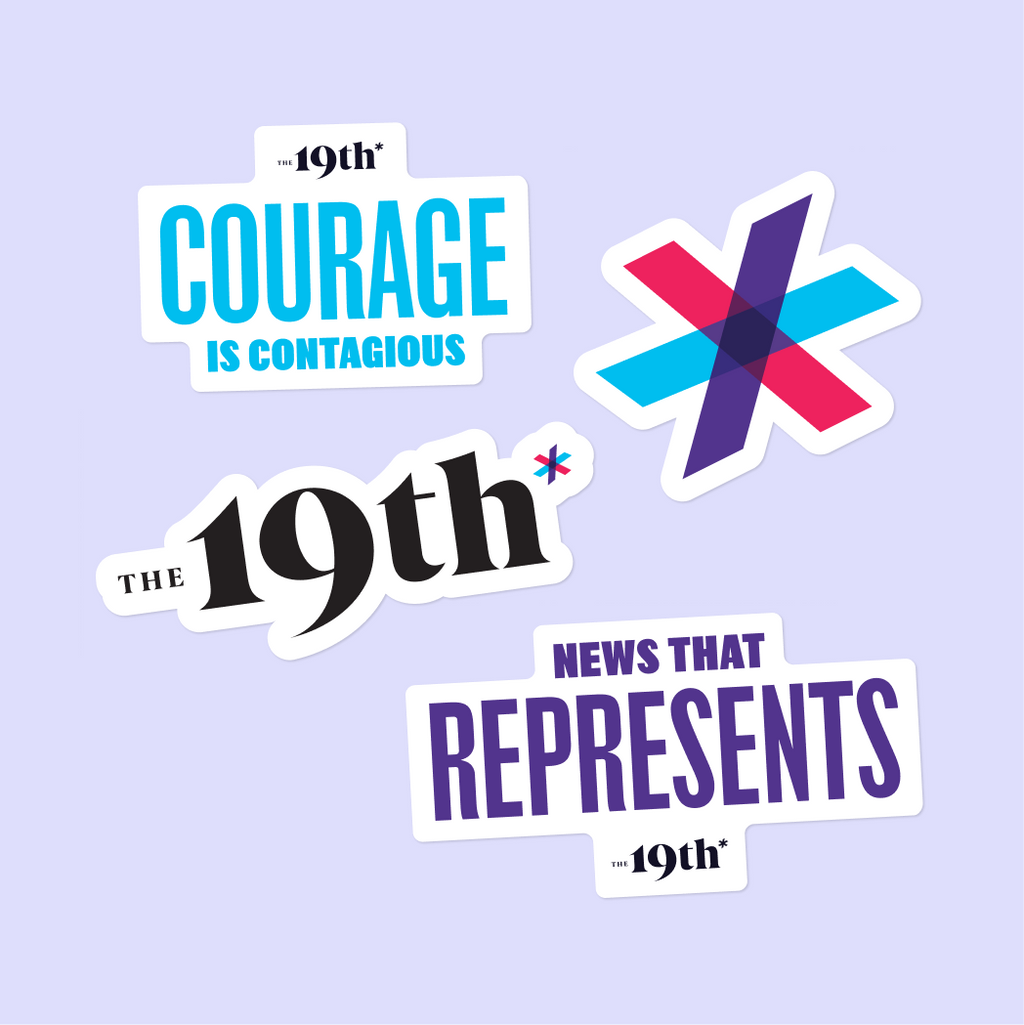 Four die-cut stickers with white borders arranged on a light lavender background. The stickers feature slogans and graphics in blue, purple, pink, and black text, including 'Courage is Contagious', 'The 19th', and 'News that Represents'.