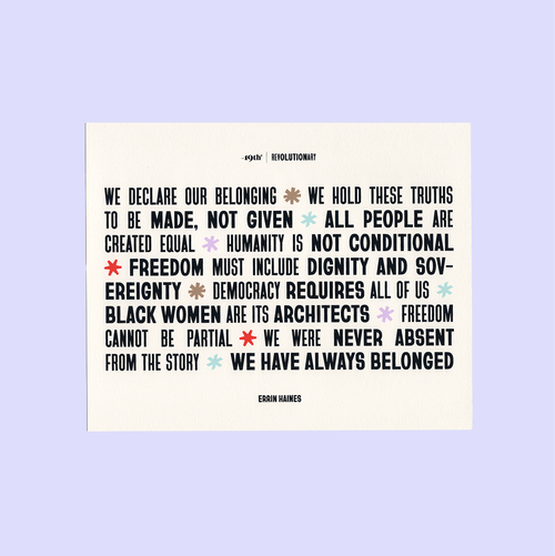 A typographic art print featuring a quote by Errin Haines from The 19th, presented on a light off-white square card against a solid periwinkle purple background.