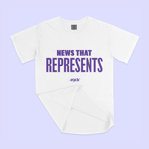 A white short-sleeve crewneck t-shirt with purple text reading 'News That Represents, The 19th*' printed on the front, displayed flat against a light lavender background.