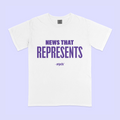 A white short-sleeve crewneck t-shirt with purple text reading 'News That Represents, The 19th*' printed on the front, displayed flat against a light lavender background.